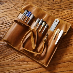 Genuine Leather Pencil Case Roll Up - 6 Color
